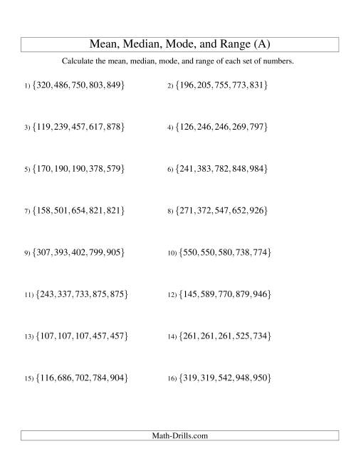 The Mean, Median, Mode and Range -- Sorted Sets (Sets of 5 from 100 to 999) (All) Math Worksheet