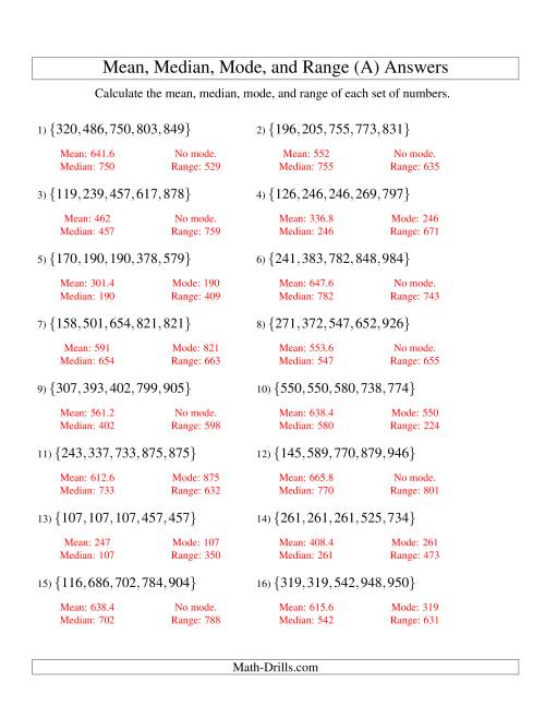 The Mean, Median, Mode and Range -- Sorted Sets (Sets of 5 from 100 to 999) (All) Math Worksheet Page 2