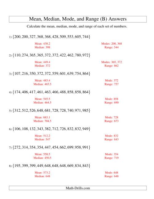 The Mean, Median, Mode and Range -- Sorted Sets (Sets of 10 from 100 to 999) (B) Math Worksheet Page 2