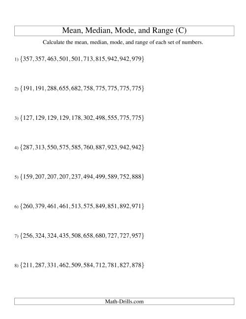 The Mean, Median, Mode and Range -- Sorted Sets (Sets of 10 from 100 to 999) (C) Math Worksheet