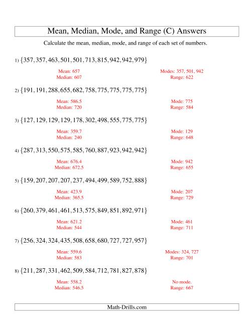 The Mean, Median, Mode and Range -- Sorted Sets (Sets of 10 from 100 to 999) (C) Math Worksheet Page 2