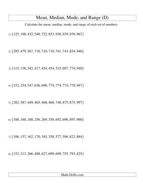 The Mean, Median, Mode and Range -- Sorted Sets (Sets of 10 from 100 to 999) (D) Math Worksheet