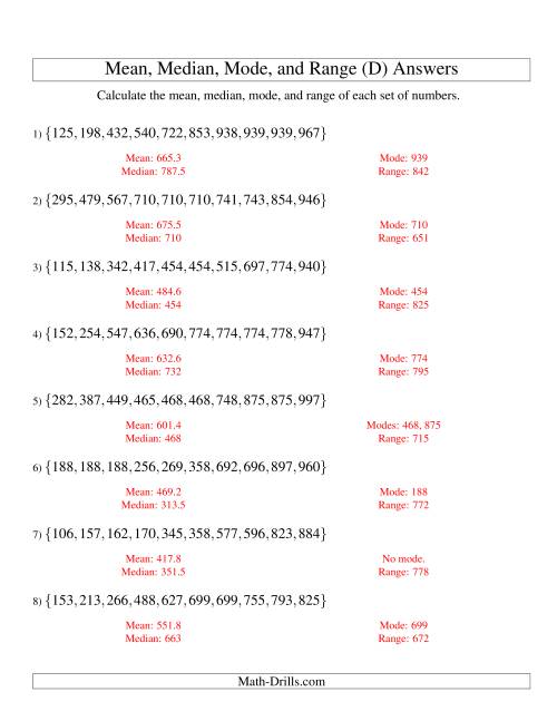 The Mean, Median, Mode and Range -- Sorted Sets (Sets of 10 from 100 to 999) (D) Math Worksheet Page 2