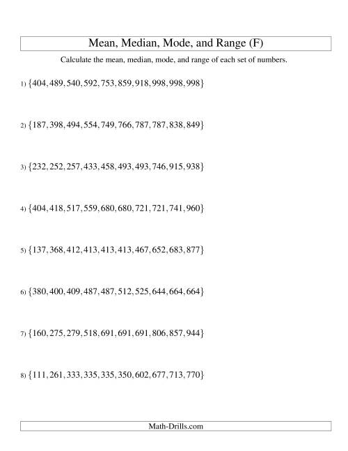 The Mean, Median, Mode and Range -- Sorted Sets (Sets of 10 from 100 to 999) (F) Math Worksheet