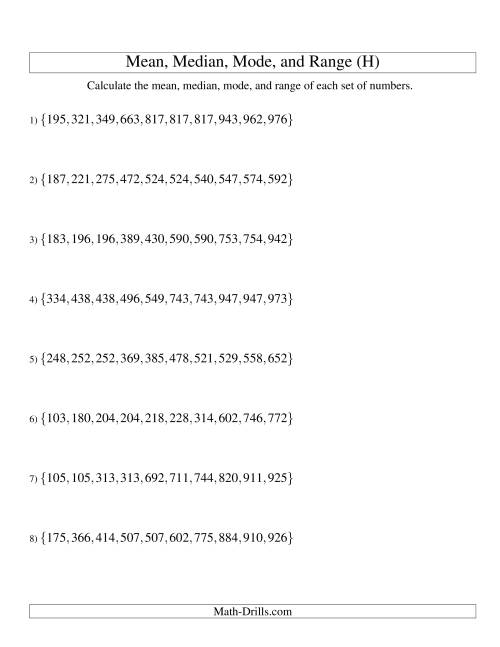 The Mean, Median, Mode and Range -- Sorted Sets (Sets of 10 from 100 to 999) (H) Math Worksheet