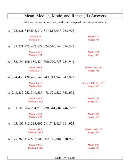 The Mean, Median, Mode and Range -- Sorted Sets (Sets of 10 from 100 to 999) (H) Math Worksheet Page 2