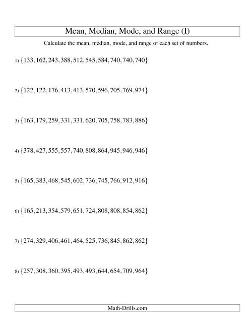The Mean, Median, Mode and Range -- Sorted Sets (Sets of 10 from 100 to 999) (I) Math Worksheet