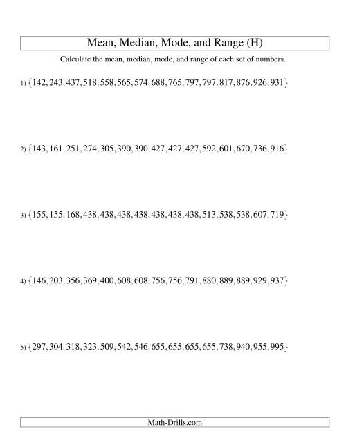 The Mean, Median, Mode and Range -- Sorted Sets (Sets of 15 from 100 to 999) (H) Math Worksheet