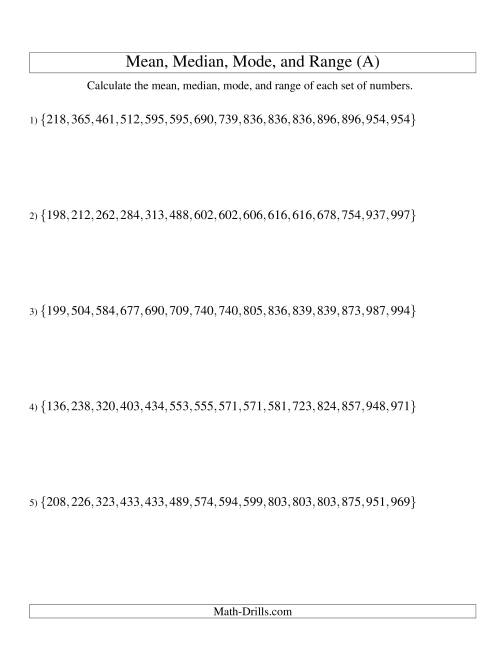The Mean, Median, Mode and Range -- Sorted Sets (Sets of 15 from 100 to 999) (All) Math Worksheet