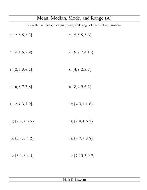 The Mean, Median, Mode and Range -- Unsorted Sets (Sets of 5 from 1 to 10) (A) Math Worksheet