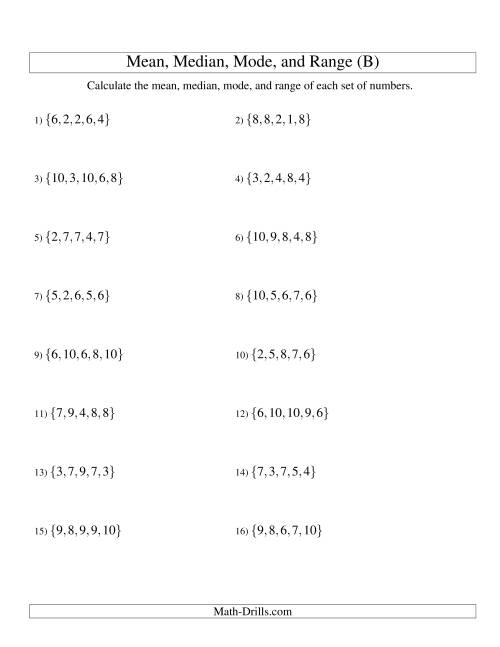The Mean, Median, Mode and Range -- Unsorted Sets (Sets of 5 from 1 to 10) (B) Math Worksheet