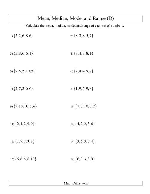 The Mean, Median, Mode and Range -- Unsorted Sets (Sets of 5 from 1 to 10) (D) Math Worksheet