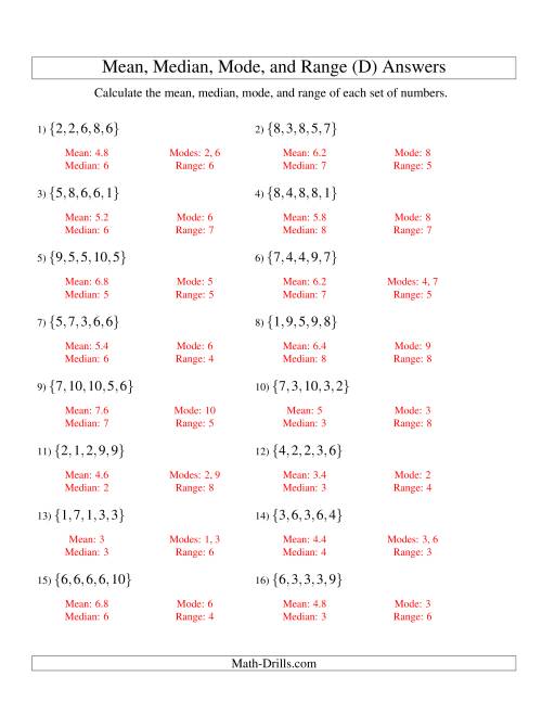 The Mean, Median, Mode and Range -- Unsorted Sets (Sets of 5 from 1 to 10) (D) Math Worksheet Page 2