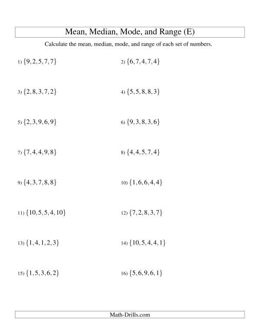 The Mean, Median, Mode and Range -- Unsorted Sets (Sets of 5 from 1 to 10) (E) Math Worksheet