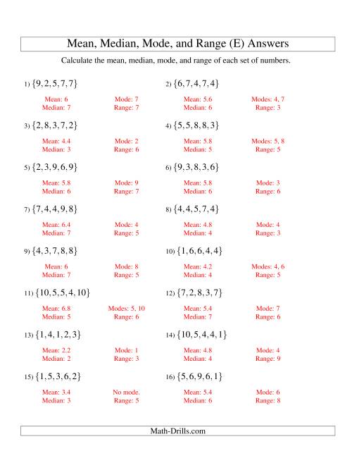 The Mean, Median, Mode and Range -- Unsorted Sets (Sets of 5 from 1 to 10) (E) Math Worksheet Page 2