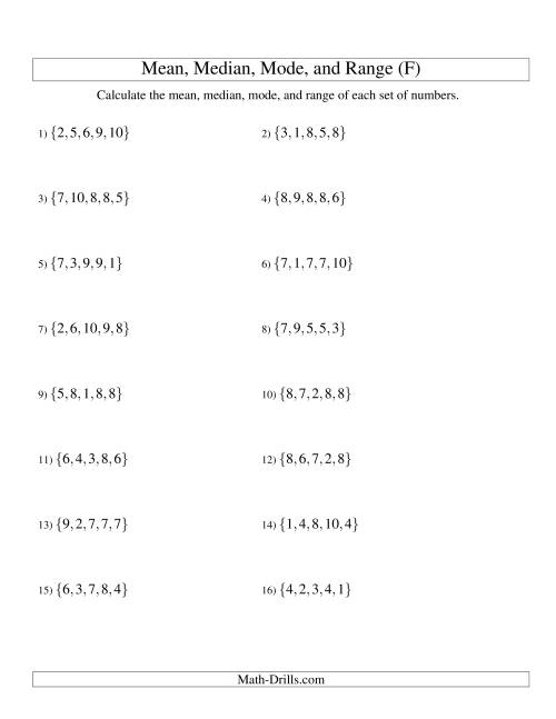 The Mean, Median, Mode and Range -- Unsorted Sets (Sets of 5 from 1 to 10) (F) Math Worksheet