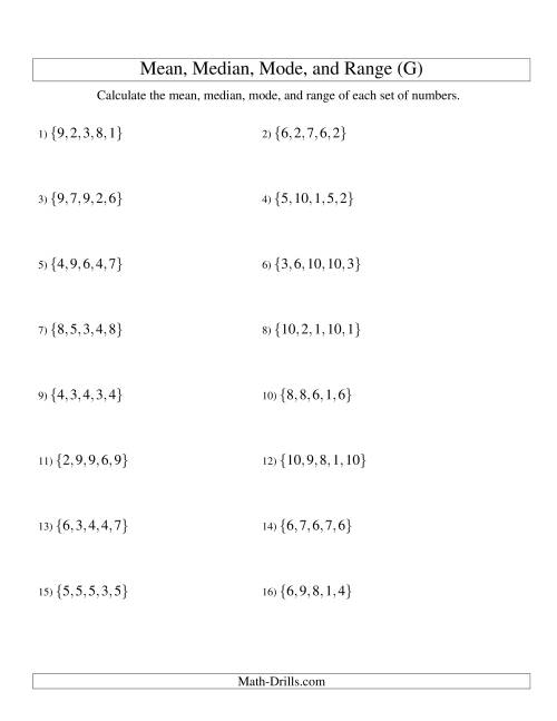 The Mean, Median, Mode and Range -- Unsorted Sets (Sets of 5 from 1 to 10) (G) Math Worksheet