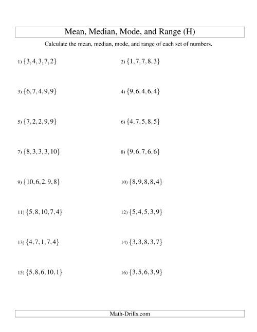 The Mean, Median, Mode and Range -- Unsorted Sets (Sets of 5 from 1 to 10) (H) Math Worksheet