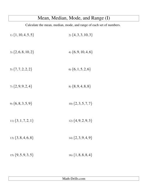 The Mean, Median, Mode and Range -- Unsorted Sets (Sets of 5 from 1 to 10) (I) Math Worksheet