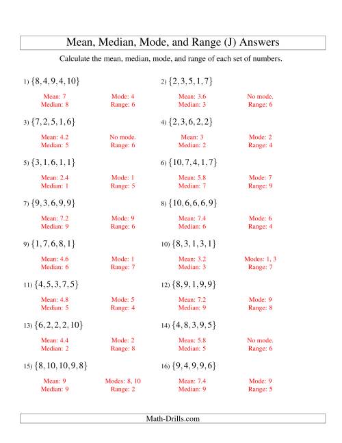 The Mean, Median, Mode and Range -- Unsorted Sets (Sets of 5 from 1 to 10) (J) Math Worksheet Page 2