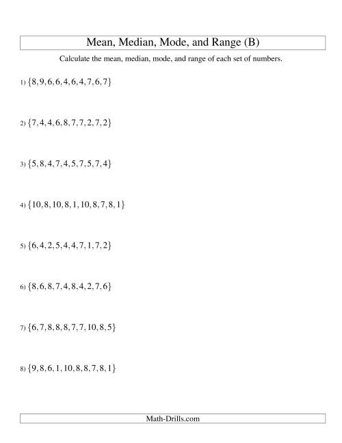 The Mean, Median, Mode and Range -- Unsorted Sets (Sets of 10 from 1 to 10) (B) Math Worksheet