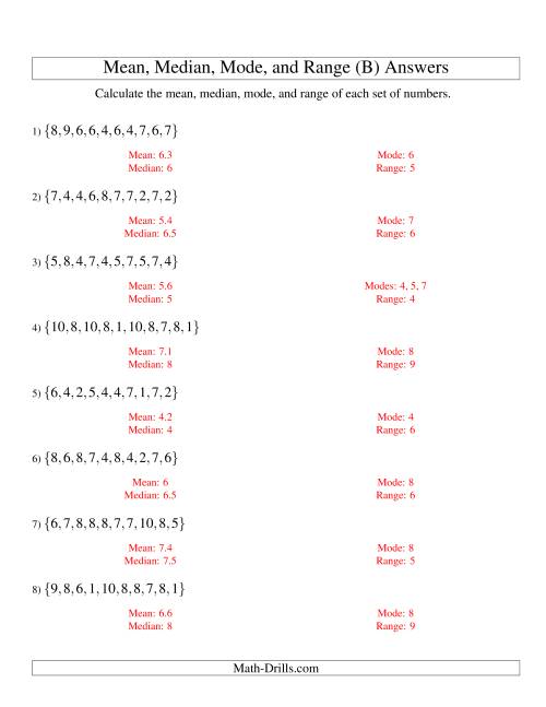 The Mean, Median, Mode and Range -- Unsorted Sets (Sets of 10 from 1 to 10) (B) Math Worksheet Page 2