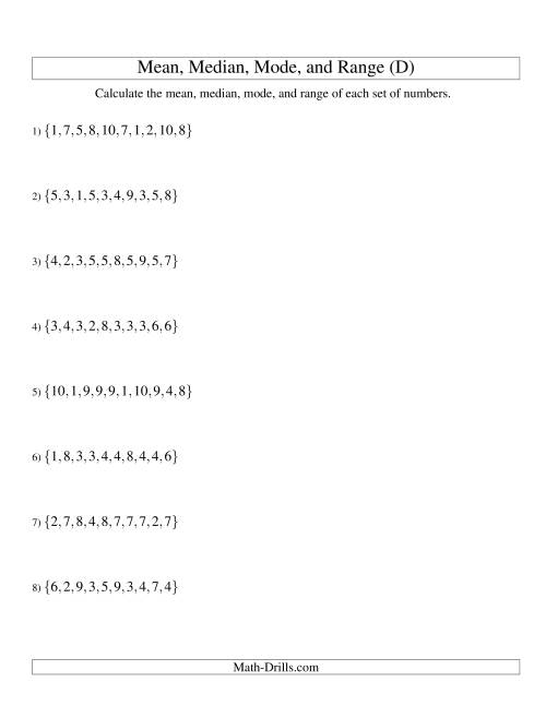 The Mean, Median, Mode and Range -- Unsorted Sets (Sets of 10 from 1 to 10) (D) Math Worksheet