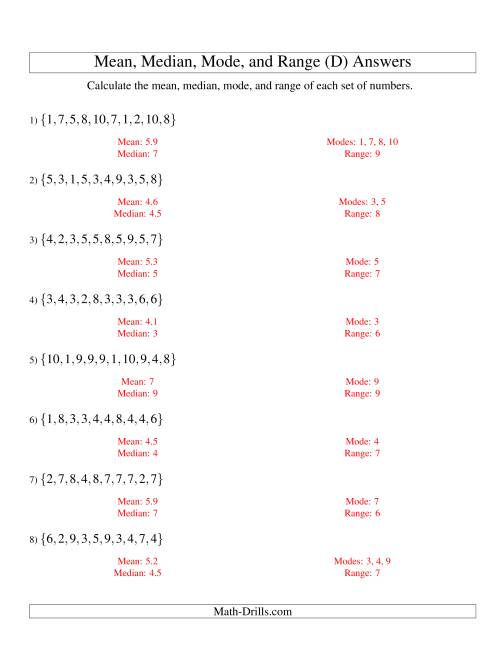 The Mean, Median, Mode and Range -- Unsorted Sets (Sets of 10 from 1 to 10) (D) Math Worksheet Page 2