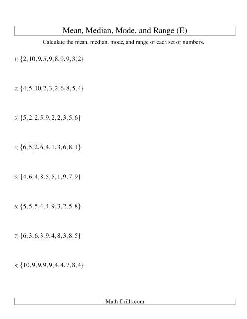 The Mean, Median, Mode and Range -- Unsorted Sets (Sets of 10 from 1 to 10) (E) Math Worksheet