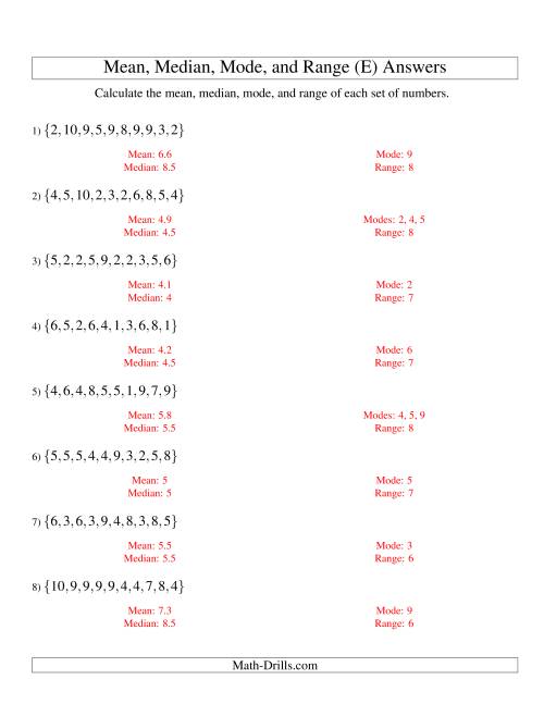 The Mean, Median, Mode and Range -- Unsorted Sets (Sets of 10 from 1 to 10) (E) Math Worksheet Page 2