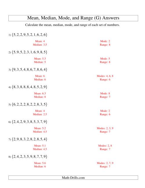 The Mean, Median, Mode and Range -- Unsorted Sets (Sets of 10 from 1 to 10) (G) Math Worksheet Page 2