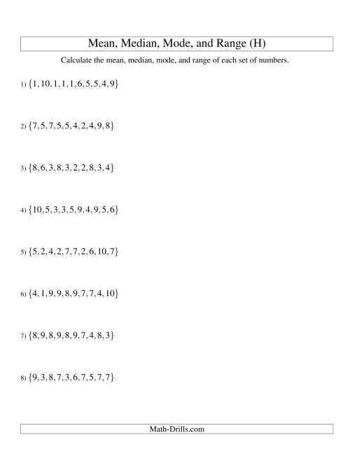 The Mean, Median, Mode and Range -- Unsorted Sets (Sets of 10 from 1 to 10) (H) Math Worksheet