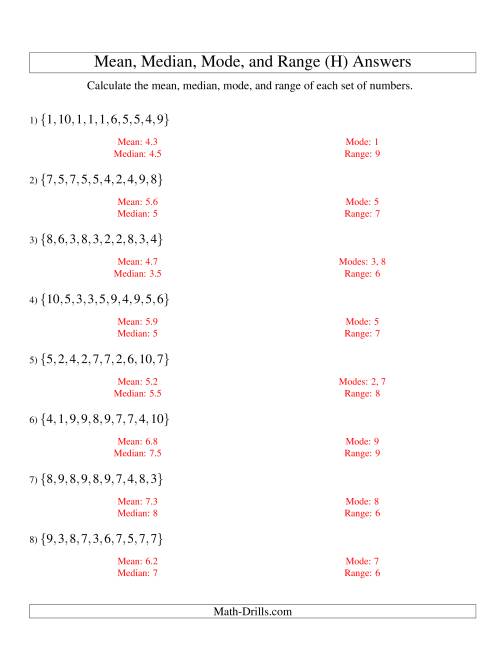 The Mean, Median, Mode and Range -- Unsorted Sets (Sets of 10 from 1 to 10) (H) Math Worksheet Page 2