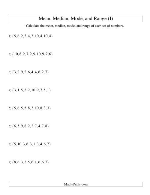 The Mean, Median, Mode and Range -- Unsorted Sets (Sets of 10 from 1 to 10) (I) Math Worksheet