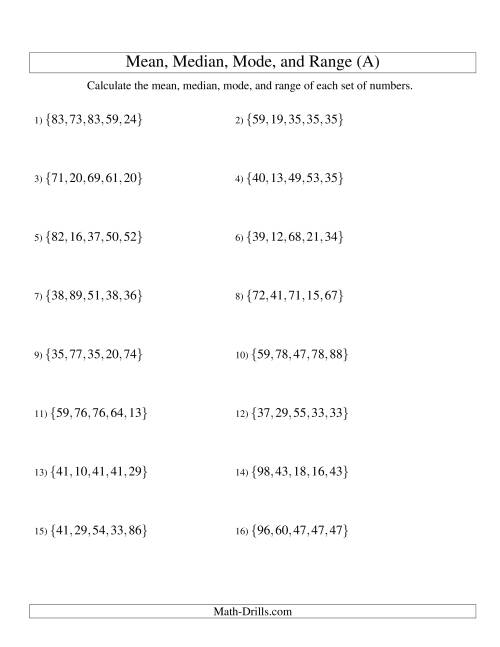 The Mean, Median, Mode and Range -- Unsorted Sets (Sets of 5 from 10 to 99) (A) Math Worksheet