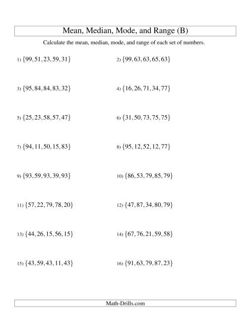 The Mean, Median, Mode and Range -- Unsorted Sets (Sets of 5 from 10 to 99) (B) Math Worksheet