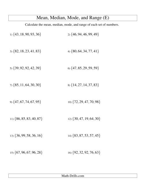 The Mean, Median, Mode and Range -- Unsorted Sets (Sets of 5 from 10 to 99) (E) Math Worksheet
