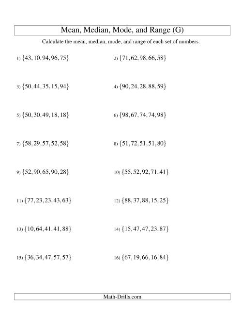 The Mean, Median, Mode and Range -- Unsorted Sets (Sets of 5 from 10 to 99) (G) Math Worksheet