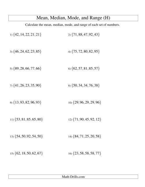 The Mean, Median, Mode and Range -- Unsorted Sets (Sets of 5 from 10 to 99) (H) Math Worksheet