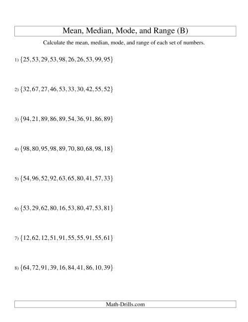 The Mean, Median, Mode and Range -- Unsorted Sets (Sets of 10 from 10 to 99) (B) Math Worksheet
