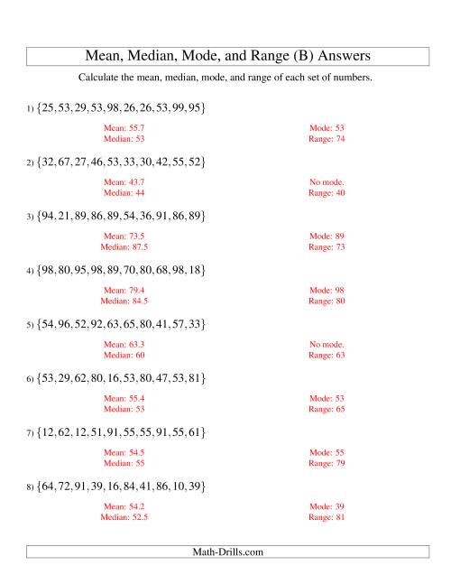 The Mean, Median, Mode and Range -- Unsorted Sets (Sets of 10 from 10 to 99) (B) Math Worksheet Page 2