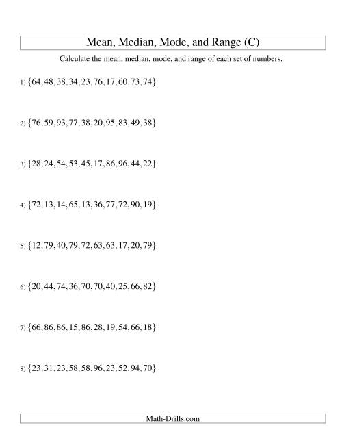 The Mean, Median, Mode and Range -- Unsorted Sets (Sets of 10 from 10 to 99) (C) Math Worksheet