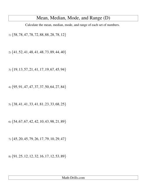 The Mean, Median, Mode and Range -- Unsorted Sets (Sets of 10 from 10 to 99) (D) Math Worksheet