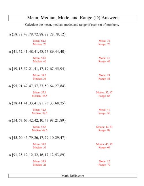The Mean, Median, Mode and Range -- Unsorted Sets (Sets of 10 from 10 to 99) (D) Math Worksheet Page 2