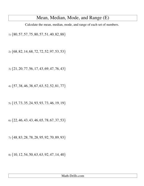 The Mean, Median, Mode and Range -- Unsorted Sets (Sets of 10 from 10 to 99) (E) Math Worksheet