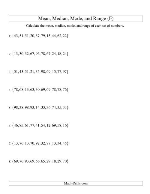 The Mean, Median, Mode and Range -- Unsorted Sets (Sets of 10 from 10 to 99) (F) Math Worksheet