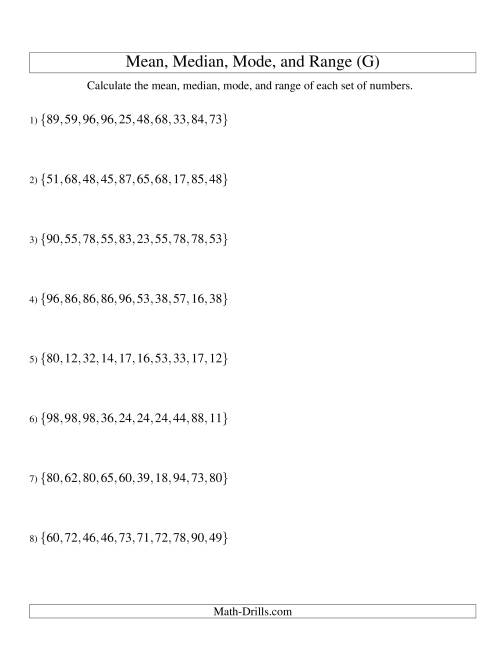 The Mean, Median, Mode and Range -- Unsorted Sets (Sets of 10 from 10 to 99) (G) Math Worksheet