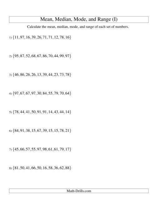 The Mean, Median, Mode and Range -- Unsorted Sets (Sets of 10 from 10 to 99) (I) Math Worksheet