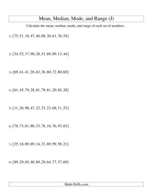 The Mean, Median, Mode and Range -- Unsorted Sets (Sets of 10 from 10 to 99) (J) Math Worksheet