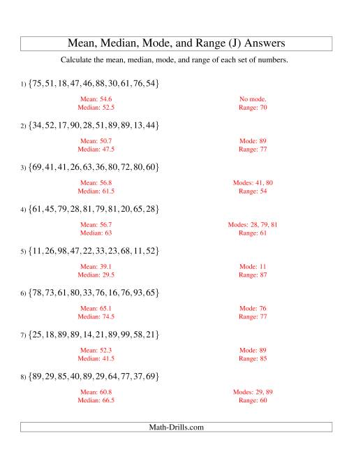 The Mean, Median, Mode and Range -- Unsorted Sets (Sets of 10 from 10 to 99) (J) Math Worksheet Page 2